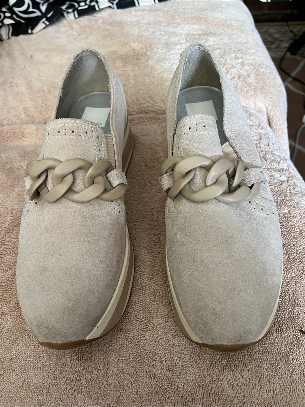 Like new, women’s  sz. 9, dolce vita suede slip-on loafers with plastic buckle
